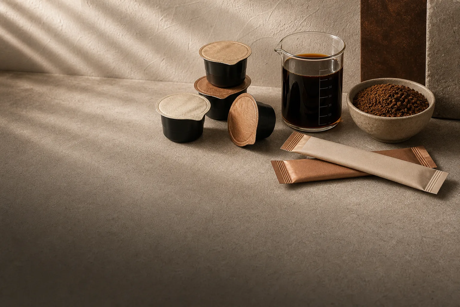 Yorvon coffee extract cups, sachets, measuring beaker, and concentrate materials