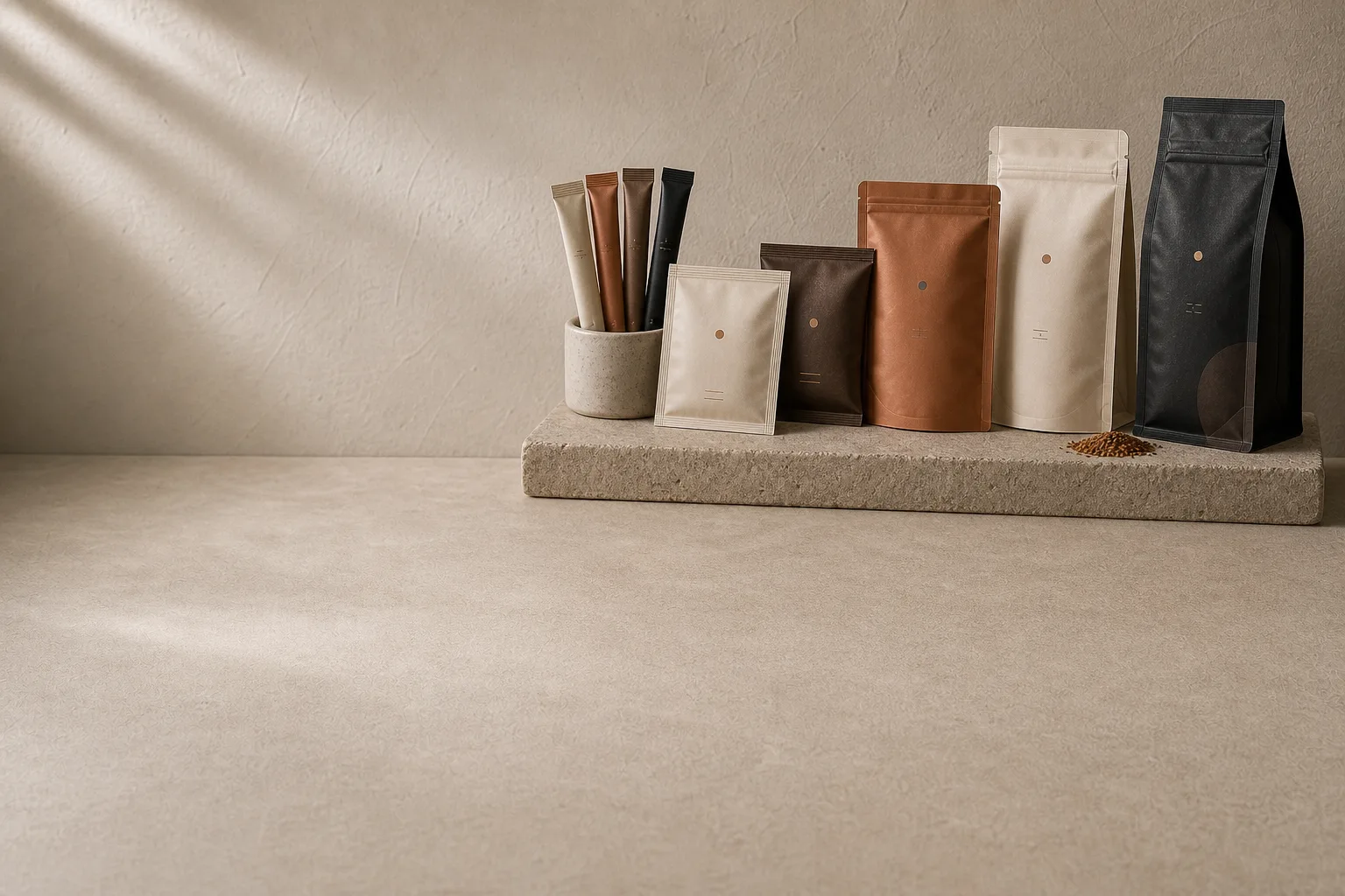 Yorvon coffee formulation packaging formats including stick packs, sachets, pouches, and bags