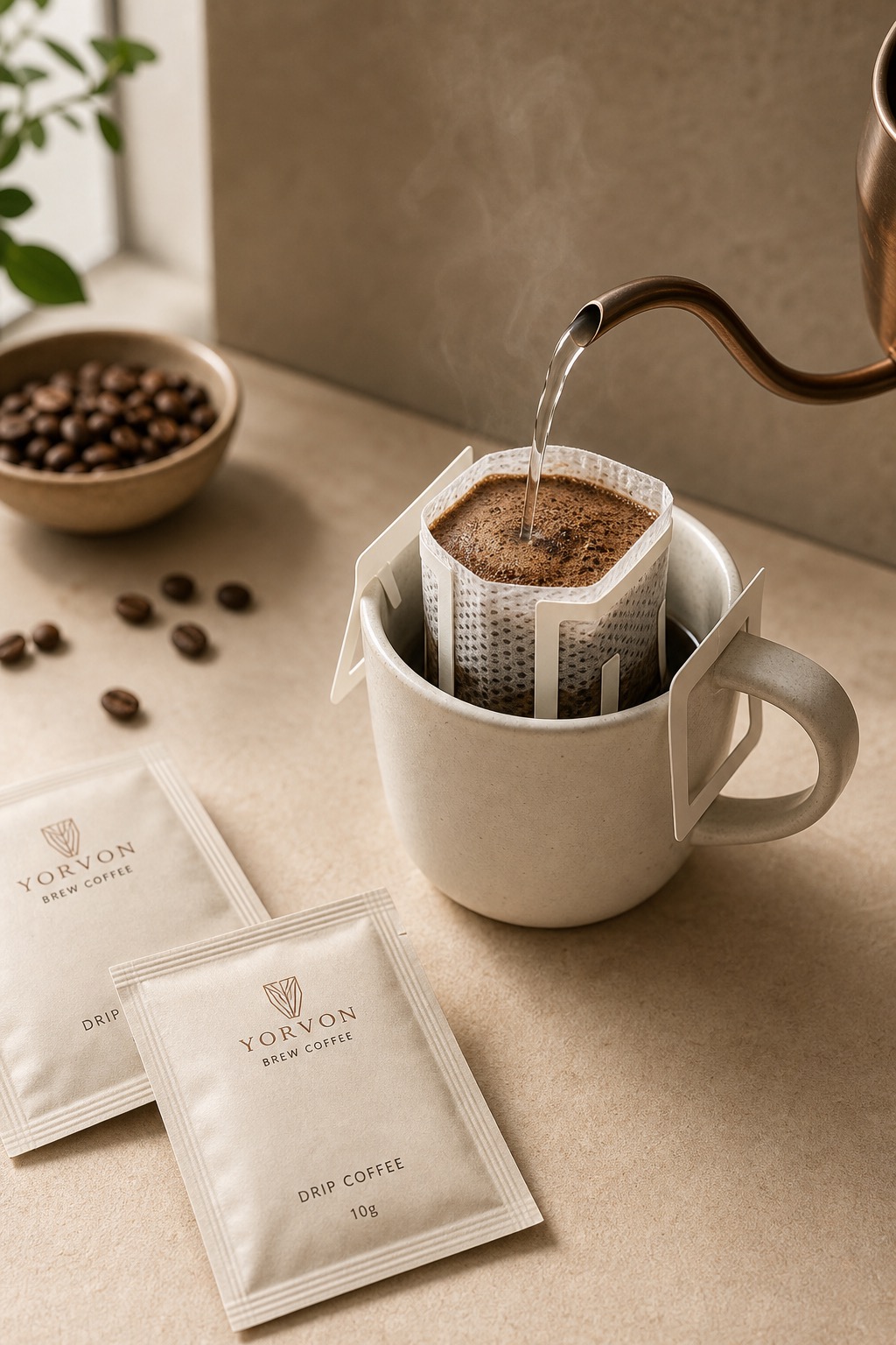 Drip coffee brewing with Yorvon brew coffee sachets