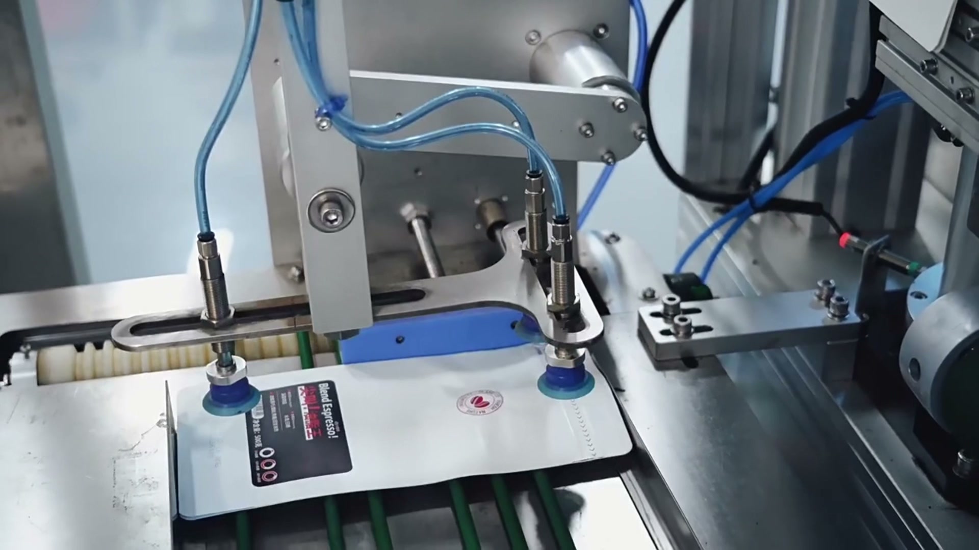 Coffee packaging line preparing upright private-label bags